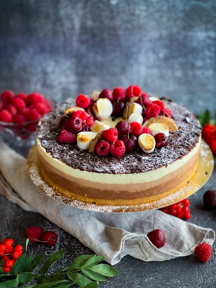 Delicious chocolate layered cake topped with fresh berries and meringue on a rustic backdrop.